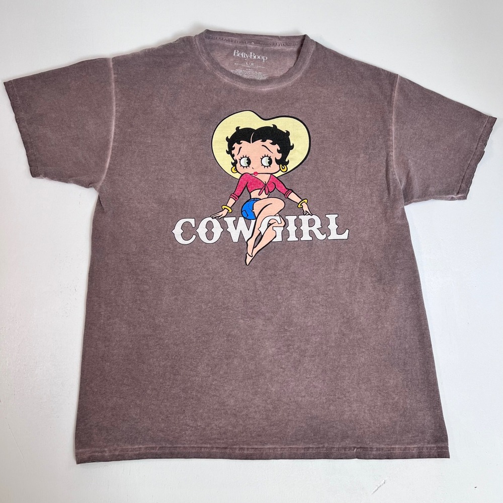 Betty Boop L Brown Cowgirl Graphic Tee Western Washed Cotton T-Shirt